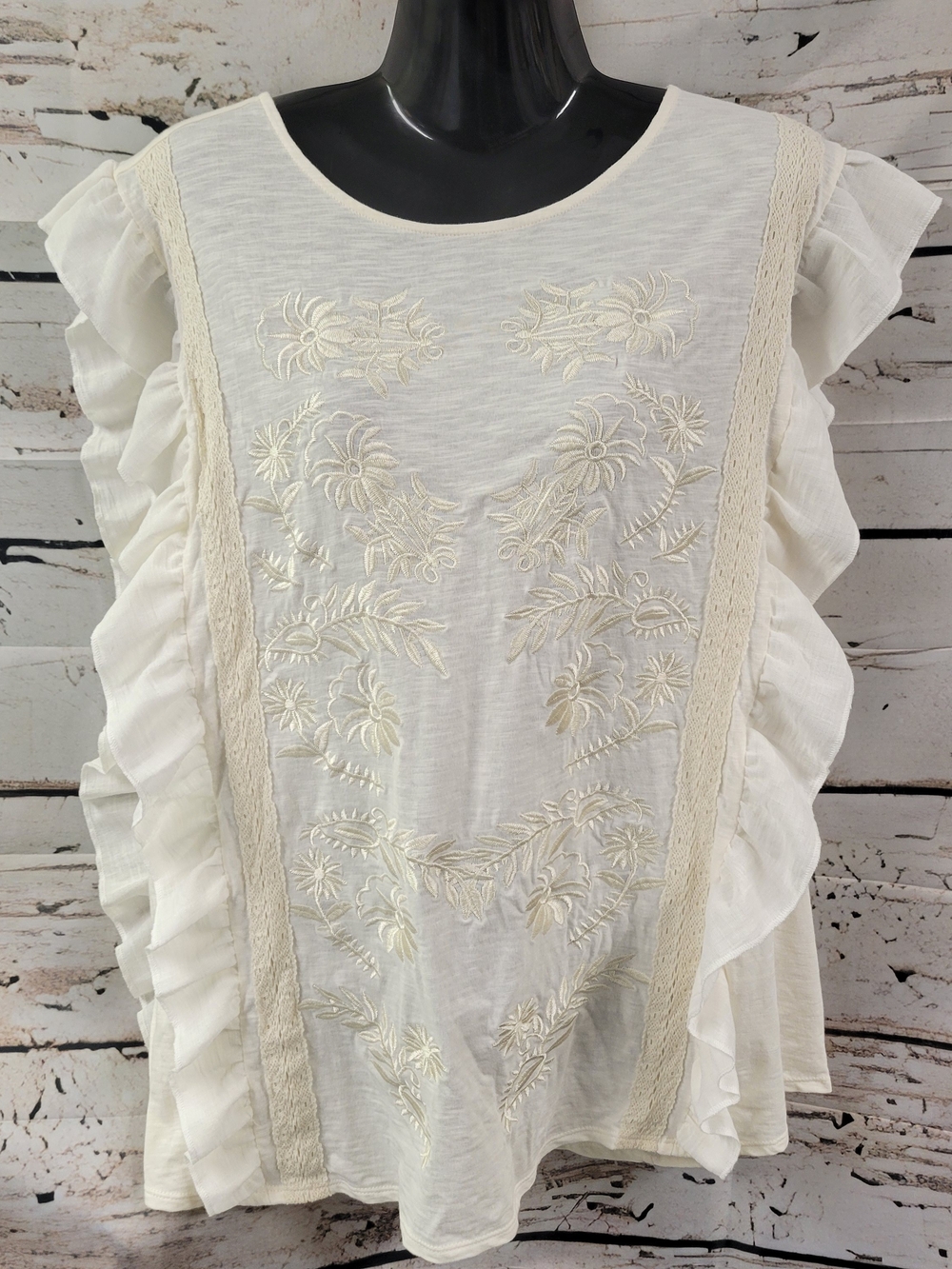 Studio Y Boho Embroidered Ruffle Sleeve Top 2X Ivory Cotton Blouse
